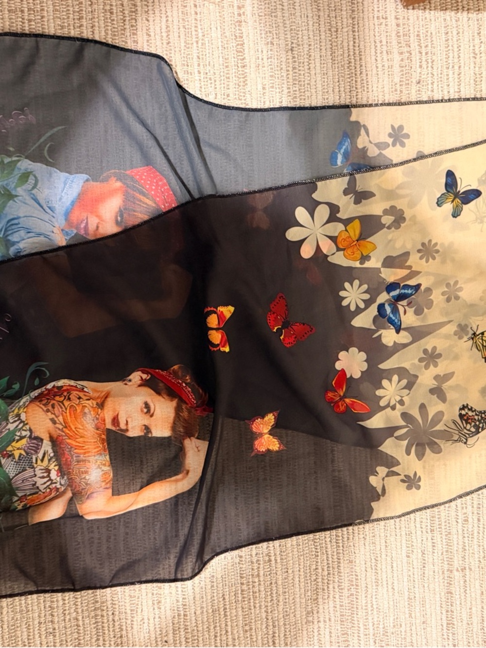 Sheer Butterfly & Pin-Up Art Scarf - Black with Multicolor Accents